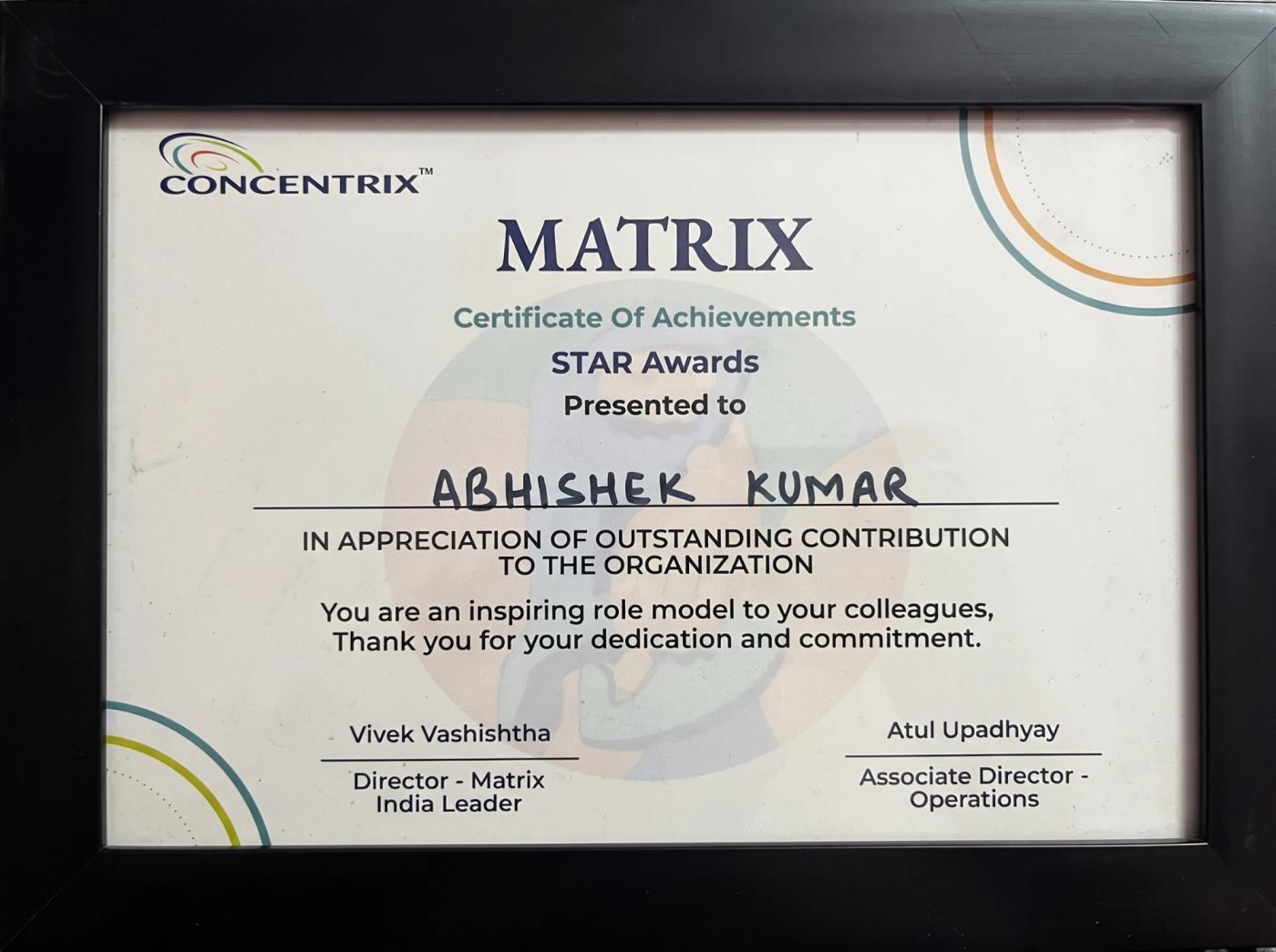 Concentrix STAR Award certificate presented to Abhishek Kumar for outstanding contribution to the organization