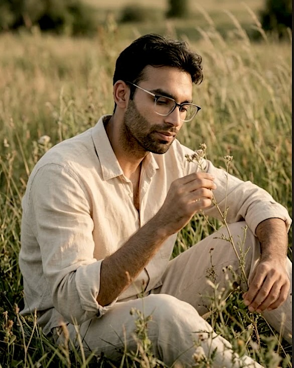 Abhishek Kumar sitting in a meadow holding a wildflower
